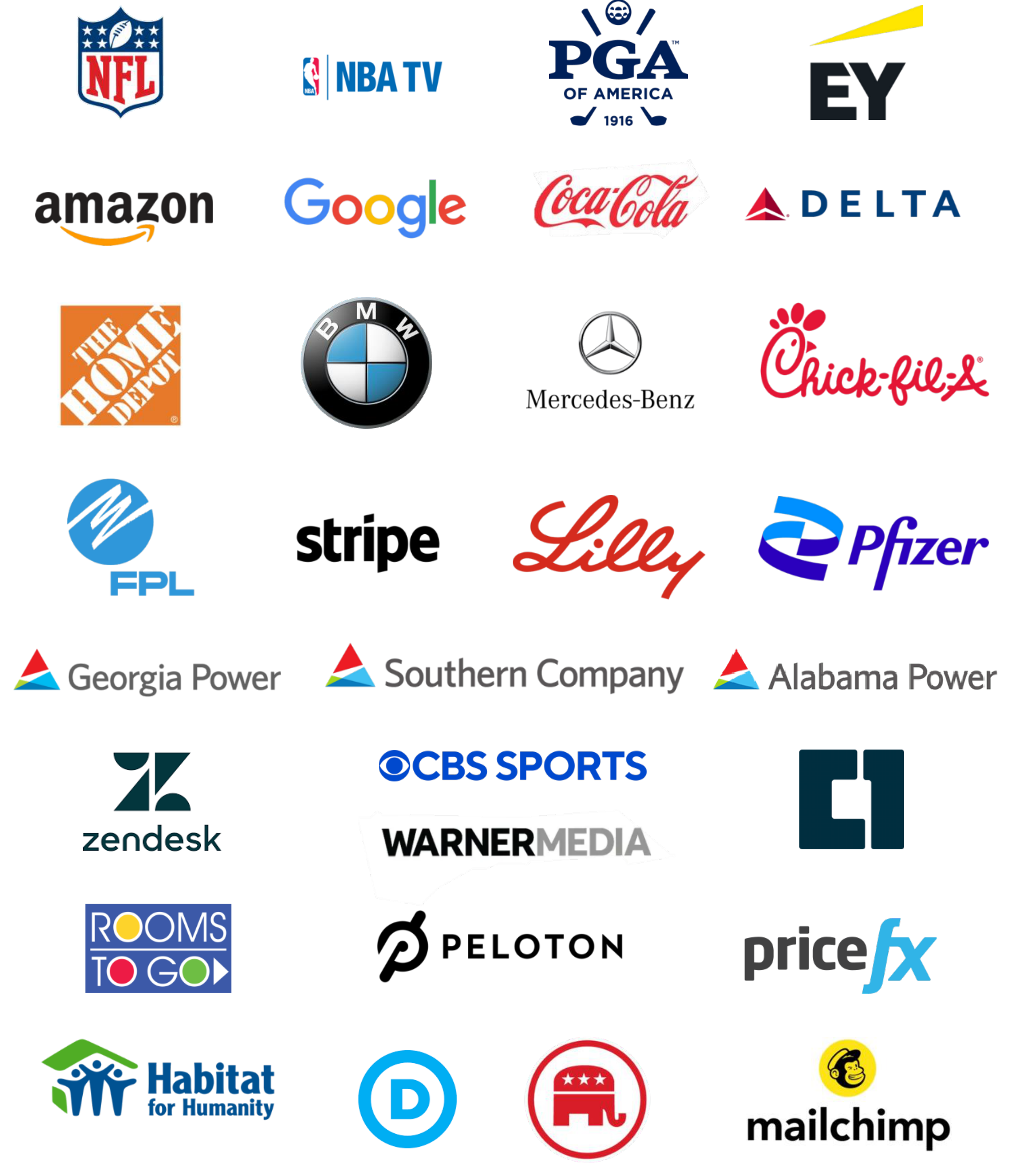 Client logos including the NFL, NBA TV, PGA of America, EY, Amazon, Google, Coca-Cola, Delta, The Home Depot, BMW, Mercedes-Benz, Chick-fil-A, FPL, Stripe, Lilly, Pfizer, Georgia Power, Southern Company, Alabama Power, Zendesk, CBS Sports, WarnerMedia, Rooms To Go, Peloton, Pricefx, Habitat for Humanity, and Mailchimp